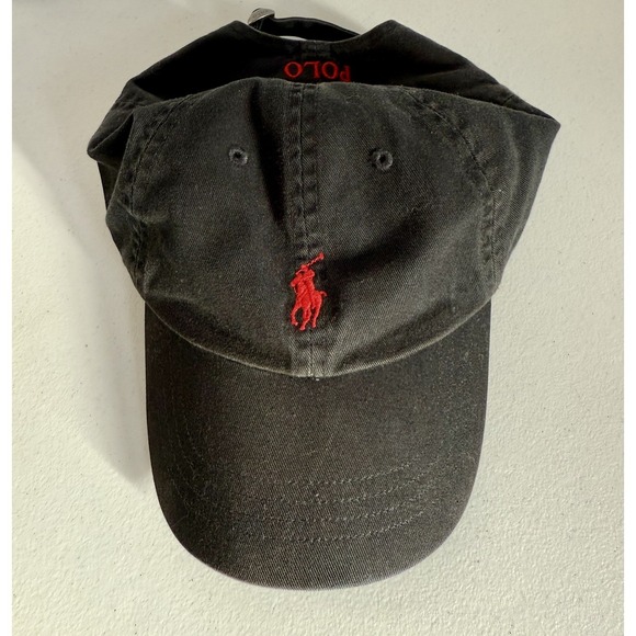 "Vintage Polo Ralph Lauren Strapback Hat Black Red Small Pony - Picture 1 of 6
